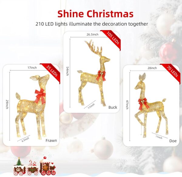 Lighted Christmas Decoration Deer 3 Piece- Gold - Image 2
