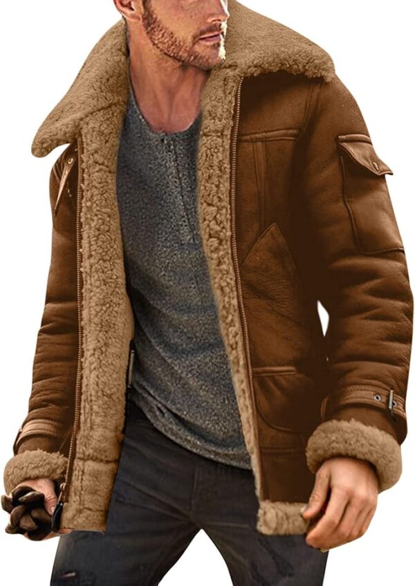 Men's Lamb Wool Bomber Coat with Faux Leather & Sherpa Lining