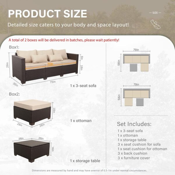 3-Piece Outdoor Sectional Sofa Set with Ottoman and Coffee Table - Khaki - Image 3