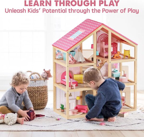 Tiny Land Wooden Dollhouse for Girls - 6 Rooms Wooden Doll House - Image 5