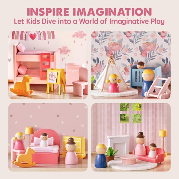 Tiny Land Wooden Dollhouse for Girls - 6 Rooms Wooden Doll House - Image 2
