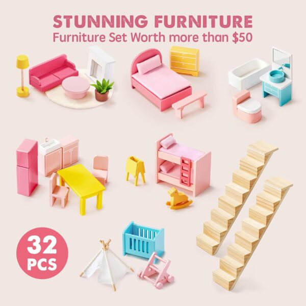 Tiny Land Wooden Dollhouse for Girls - 6 Rooms Wooden Doll House - Image 3