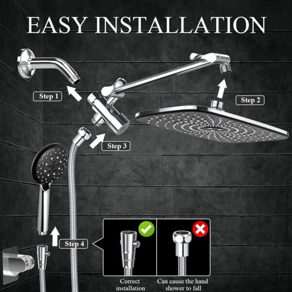 Veken High Pressure Rain Shower Head Combo with Extension Arm - Image 7