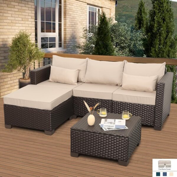 3-Piece Outdoor Sectional Sofa Set with Ottoman and Coffee Table - Khaki - Image 6