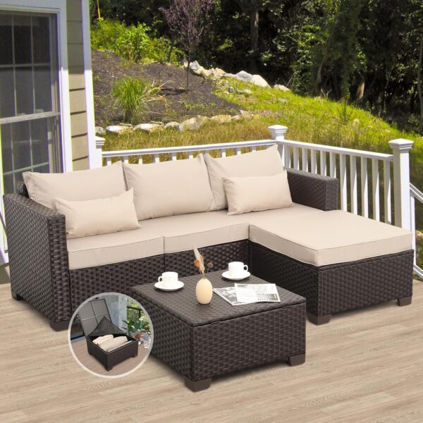 3-Piece Outdoor Sectional Sofa Set with Ottoman and Coffee Table - Khaki