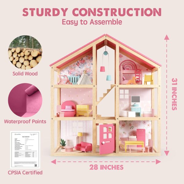 Tiny Land Wooden Dollhouse for Girls - 6 Rooms Wooden Doll House - Image 6