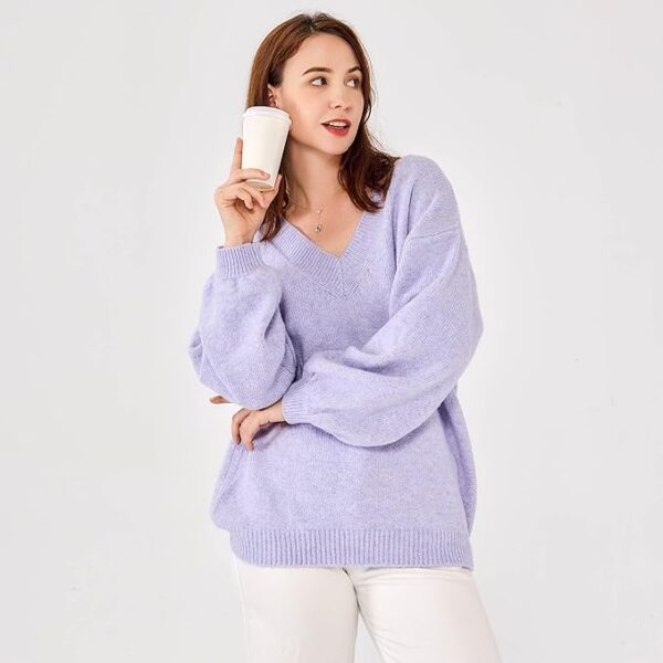 Simple&Opulence Women's V Neck Lantern Sleeve Oversized Sweater - Image 4