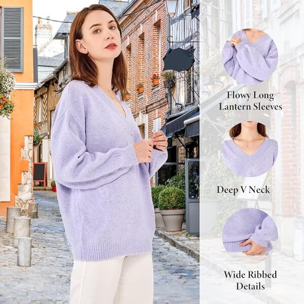 Simple&Opulence Women's V Neck Lantern Sleeve Oversized Sweater - Image 6