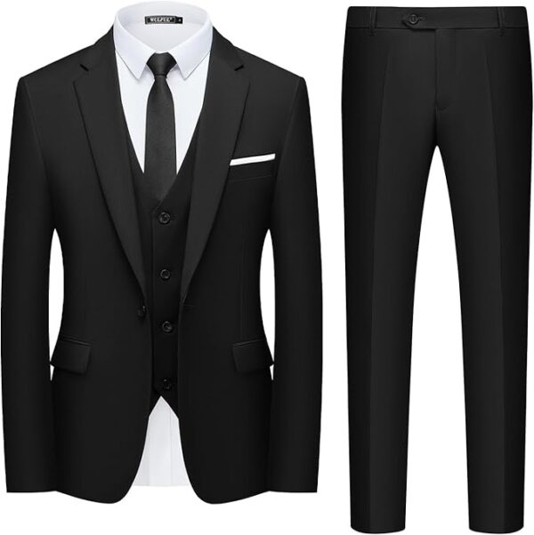 WULFUL Men’s Slim Fit Suit One Button 3-Piece Blazer, Vest & Pant