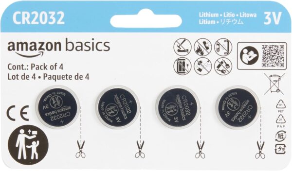 Amazon Basics 4-Pack CR2032 Lithium Coin Cell Battery, 3 Volt, Mercury-Free