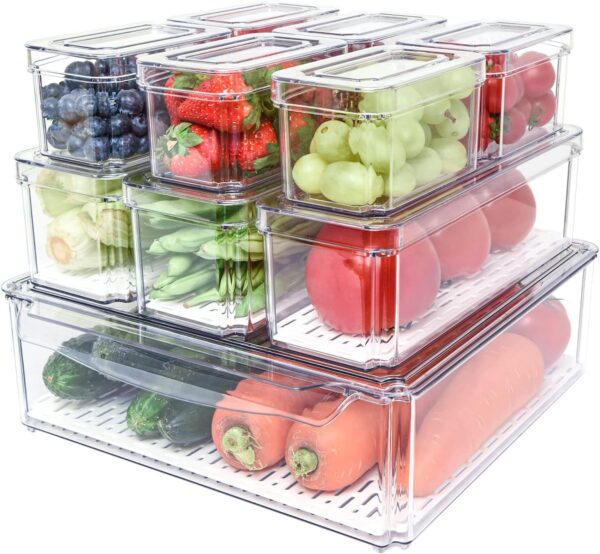 Pomeat 10-Pack Fridge Organizer Bins with Lids, BPA-Free, Stackable, for Food & Produce Storage