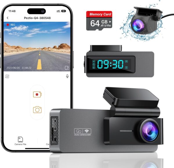 Dash Cam Front and Rear 4K+1080P, Free 64GB Card, Built-in WiFi